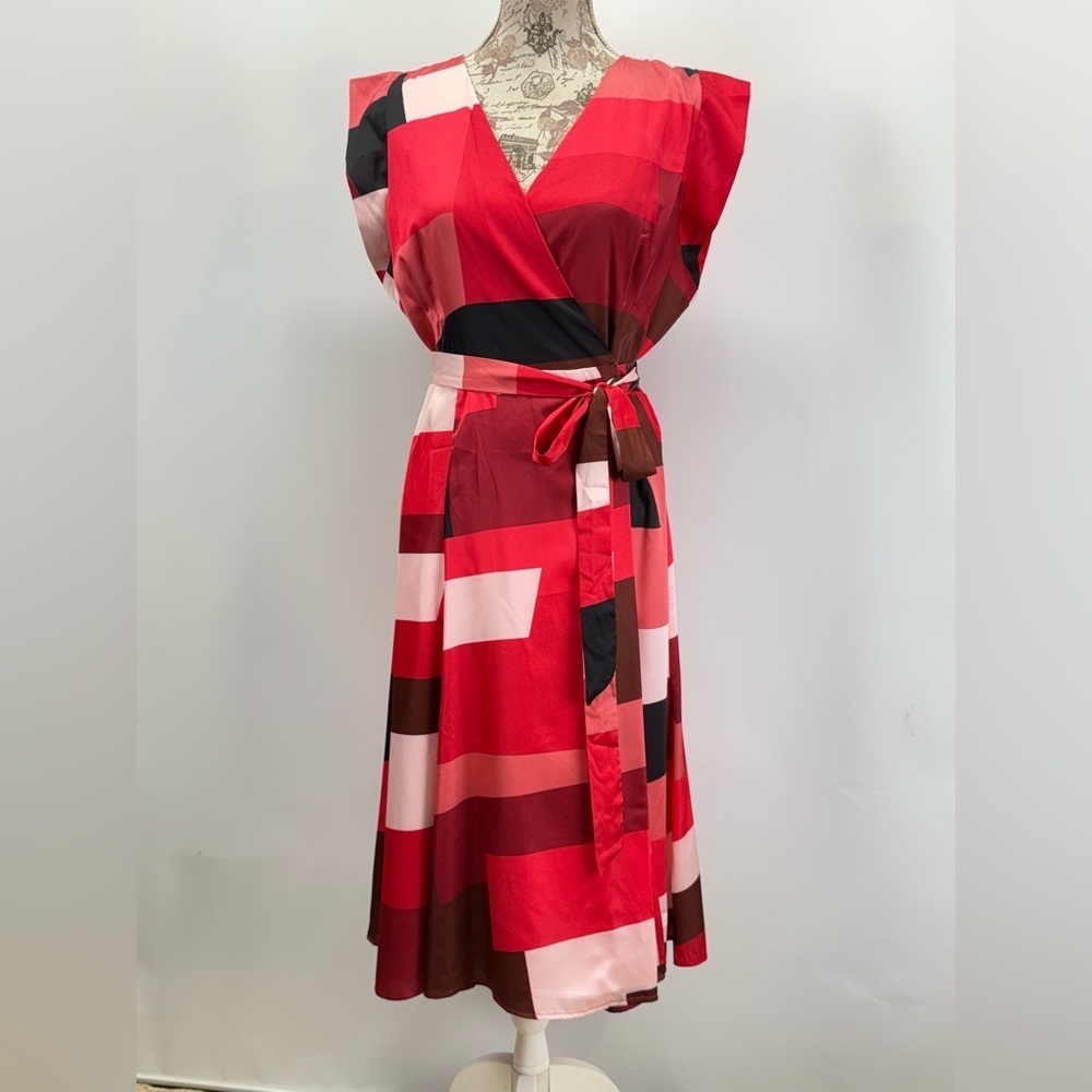 HUTCH Red and pink geometric print color block wrap midi dress size XL - Picture 2 of 16